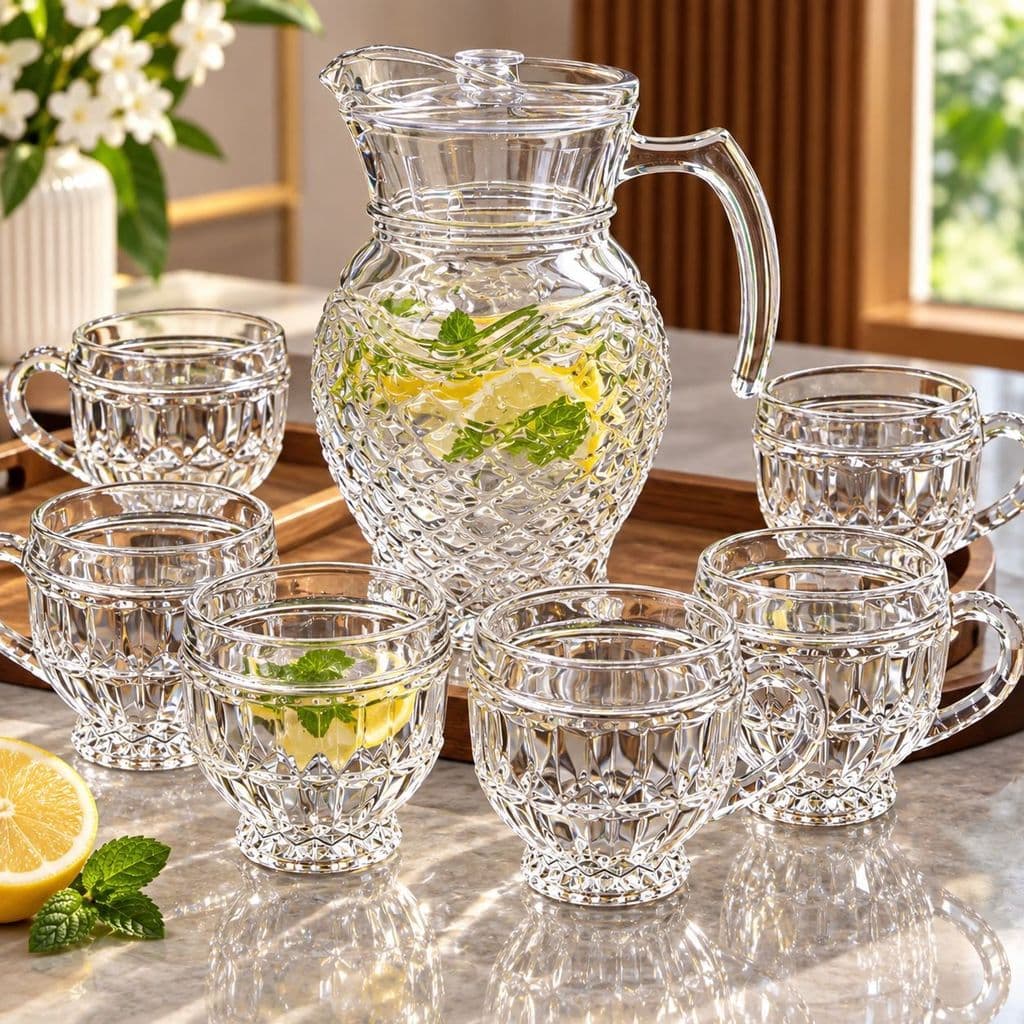 Bộ Bình Cốc Thủy Tinh Cao Cấp Có Quai Cầm – Bình Dung Tích Lớn Kèm 6 Cốc, Bộ Bình Nước Để Bàn Sang Trọng