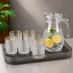 Bộ Bình Cốc Thủy Tinh Họa Tiết Giọt Nước Cao Cấp, Bình Có Quai Cầm Kèm 6 Ly, Kèm Khay Sang Trọng – Bộ Bình Ly Tiếp Khách 8
