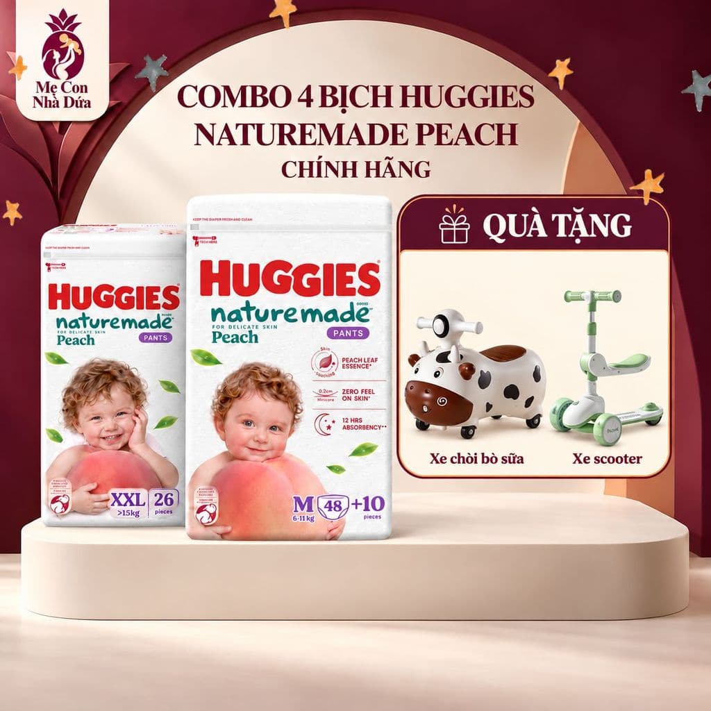[Kèm Quà] Combo 4 Tã quần Huggies Naturemade Peach M48+10/ L44/ XL38/ XXL26 Bỉm Đào Chính Hãng