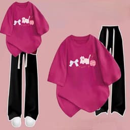 [ MỞ BÁN GIẢM 60% ] sét bộ đồ quần dài dây to đen+ mix áo phông form rộng màu HỒNG thêu cao xinh 2