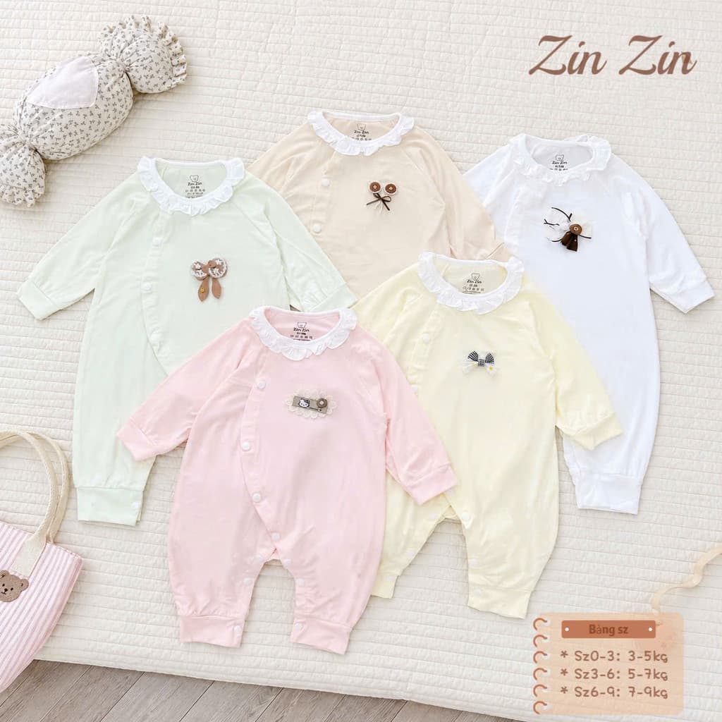 BD41. Bộ body liền thân body dài tay bé trai bé gái sơ sinh Zinzin viền bèo chất petit mềm mịn mát co dãn 4 chiều