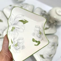 Bộ Bát Đĩa Hoa Mặt Trời 45cm Cao Cấp, Gốm Sứ Trắng Viền Xanh, Họa Tiết Hoa Mẫu Đơn Sang Trọng, Bộ Đồ Ăn Gia Đình 5