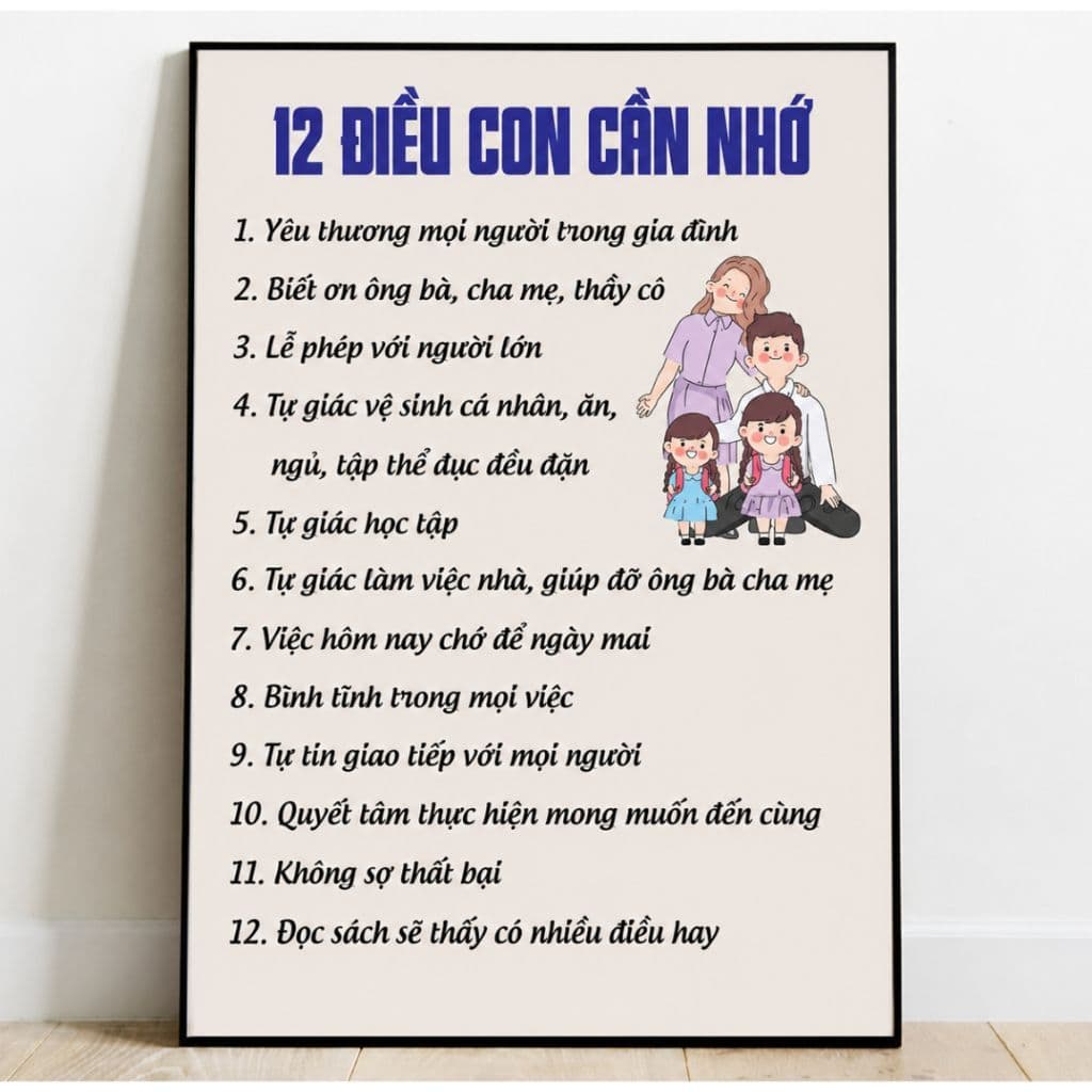 Tranh 12 Điều Con Cần Nhớ , fomex cứng, sẵn băng keo trang trí gia đình, nhắc nhở con cái