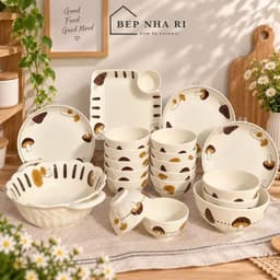 Bộ Bát Đĩa Gốm Sứ Họa Tiết Nấm Nâu CƠ BẢN Phong Cách Hàn Quốc - Bộ Đồ Ăn Cơm Gia Đình Decor Bàn Ăn Đẹp 4