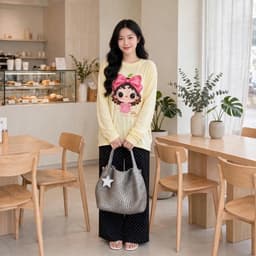 Áo thun giấy cổ tròn dài tay form rộng in hoạ tiết cô gái nơ hồng xinh  TG NTO58 7 7