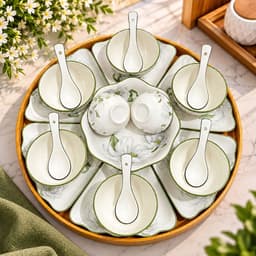 Bộ Bát Đĩa Hoa Mặt Trời 15 Món Gốm Sứ Cao Cấp, Họa Tiết Hoa Trắng Viền Xanh Kèm Khay Sen Trang Trọng,Chén Đĩa Gia Đình 6