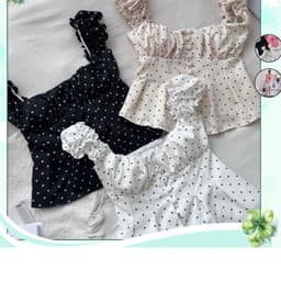 (Có Mút) Áo Kiểu Nữ Cánh Tiên Nút Bọc Cotton Lạnh Hoạ Tiết Trơn/Chấm Bi Xẻ Buung Lưng Bo Chu 1