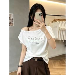 Áo thun kiểu lệch vai ngắn tay phối dây vai in chữ thời trang nữ phong cách năng động TNV01 6