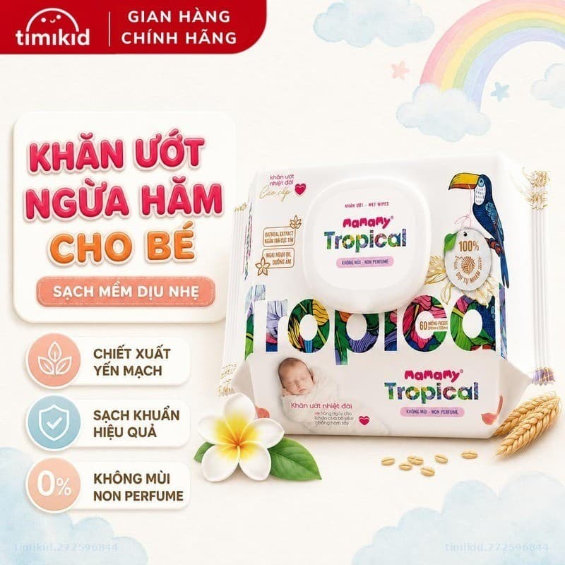 Khăn Ướt Ngừa Hăm Mamamy Tropical Cho Bé Không Mùi Và Có Mùi Tinh Dầu Cúc Vạn Thọ- Gói 90 tờ