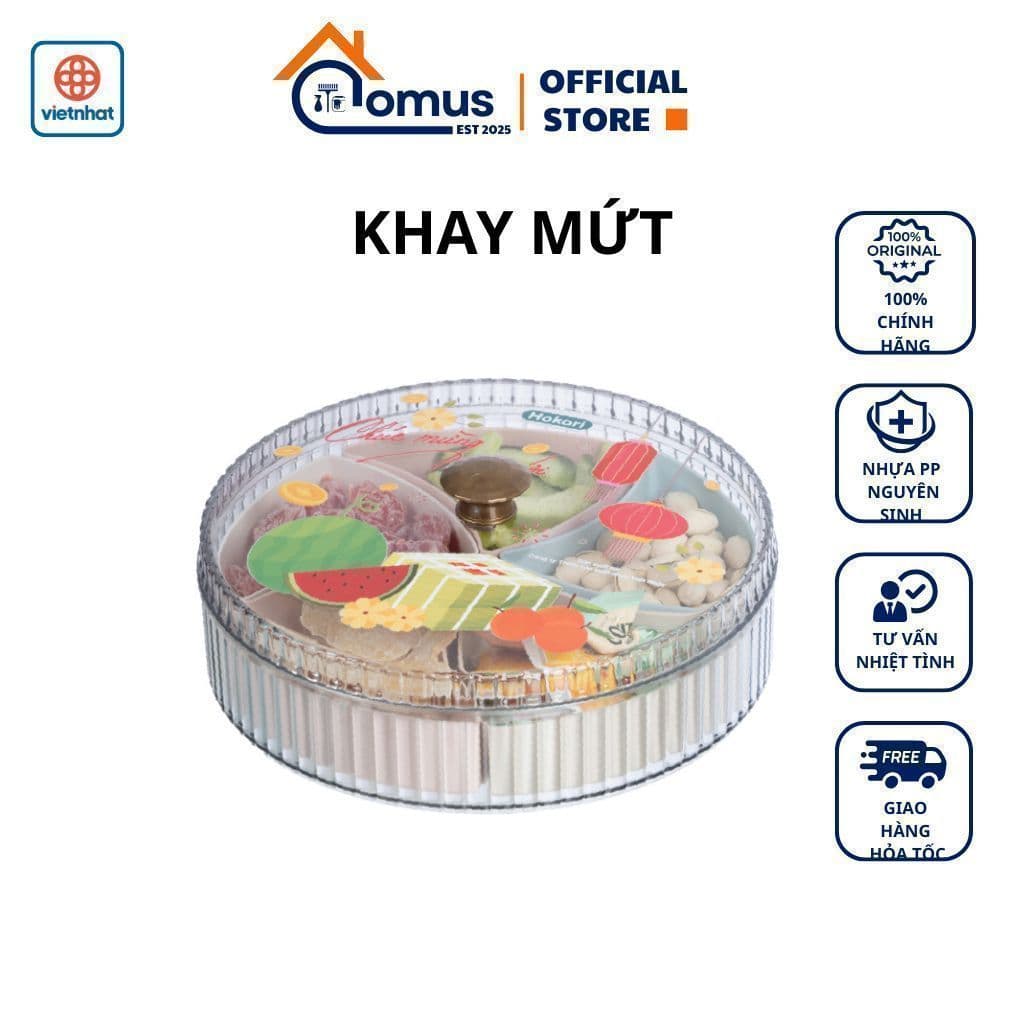 Khay Đựng Mứt Tết Tròn 5 Ngăn Hokori 5637-1 - Có Nắp Đậy Kín Bảo Quản Bánh Kẹo DOMUS