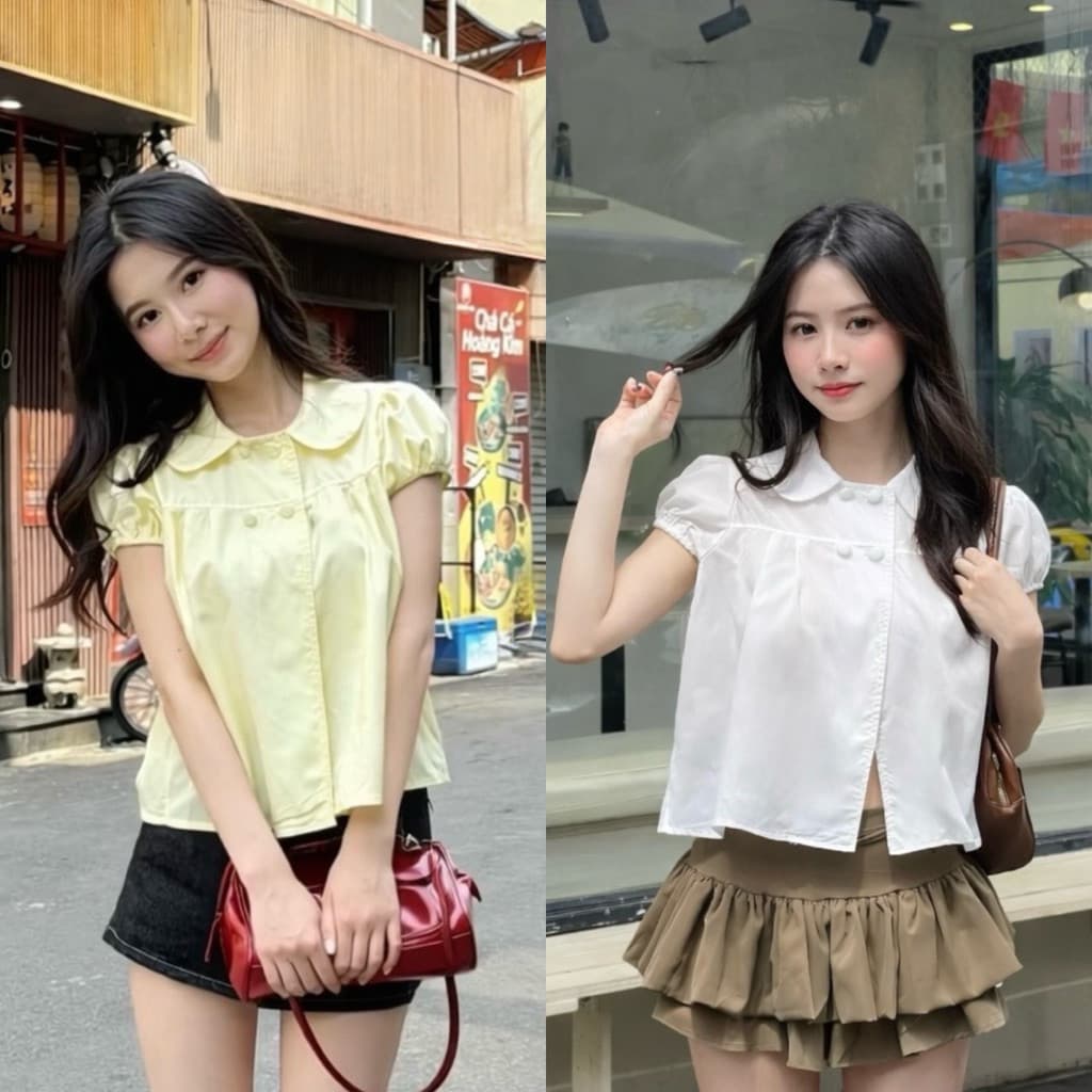 Áo kiểu nữ dáng babydoll 4 cúc xinh xắn cổ bèo tay bồng cực xinh ngọt ngào  CB4NU