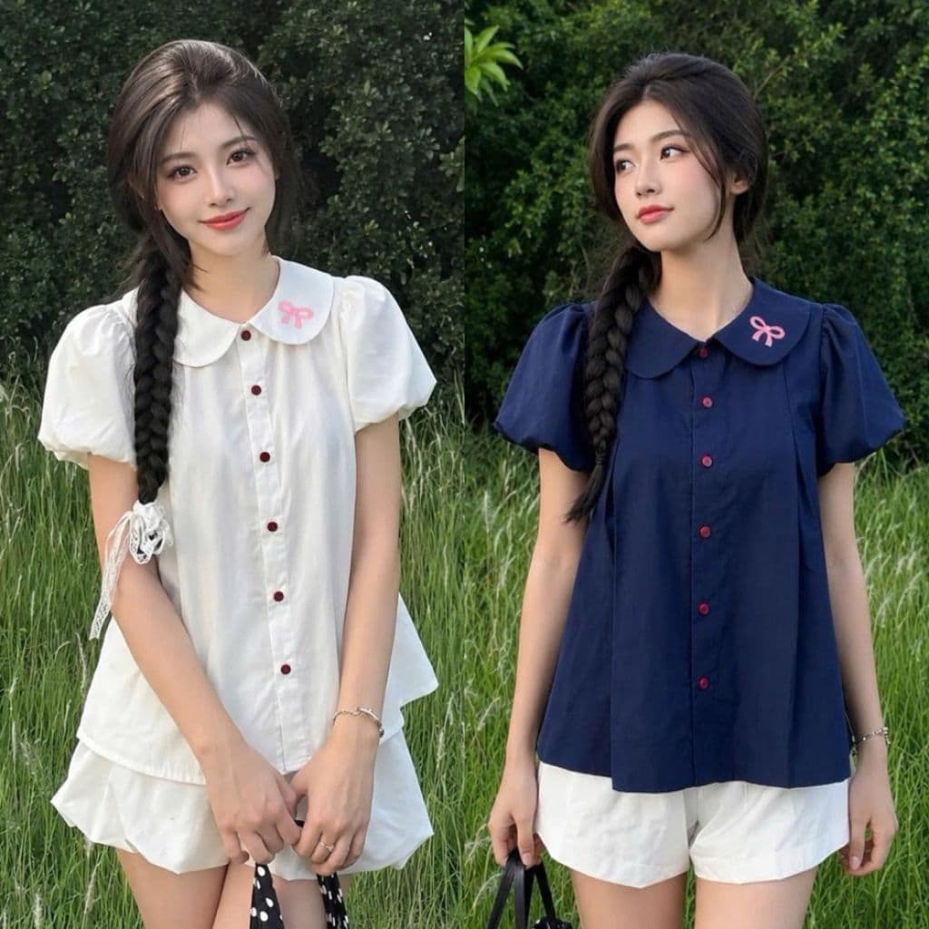 Áo sơ mi bèo quốc dân cổ sen tay bồng dáng babydoll in nơ hồng xinh đẹp SMZ93366