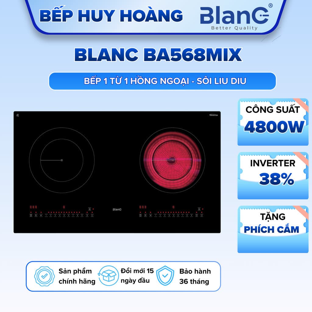 Bếp điện từ Blanc BA568MIX | bếp 1 từ 1 hồng ngoại | Inverter tiết kiệm điện | Bảo hành 3 năm