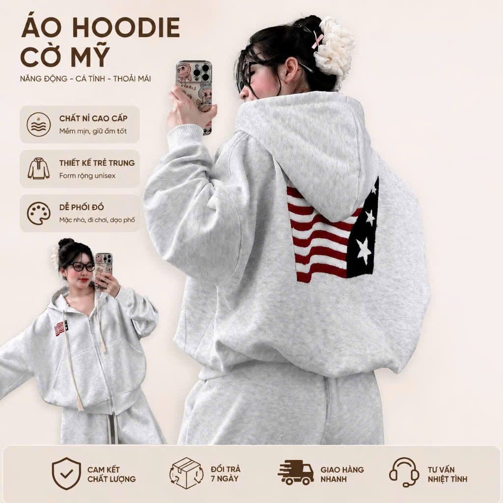 Áo Khoác Nữ Logo May Thêu Cờ Form Rộng Dài Áo Khoác Nỉ Nữ Chất Vải Nỉ Dày Đẹp Logo Thêu Sắc Nét