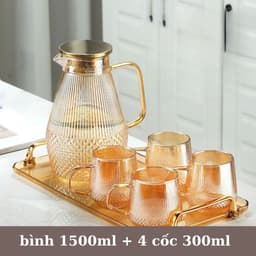Bộ Bình Cốc Thủy Tinh Chịu Nhiệt Kèm Khay & Giá Úp – Bình 1.5L + 6 Cốc 280ml Có Quai, Bộ Bình Nước Sang Trọng Gia Đình 7