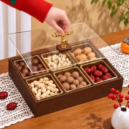 Hộp Đựng Bánh Kẹo Mứt Tết 2027 Sang Trọng, Khay Gỗ Melamine 4 Ngăn 6 Ngăn Màu Óc Chó Kèm Hũ Viền Vàng, Nắp Mica Trong 8