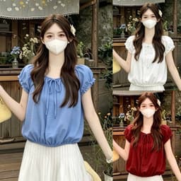 Áo kiểu babydoll cổ tròn thắt nơ tay phồng xinh B527 1