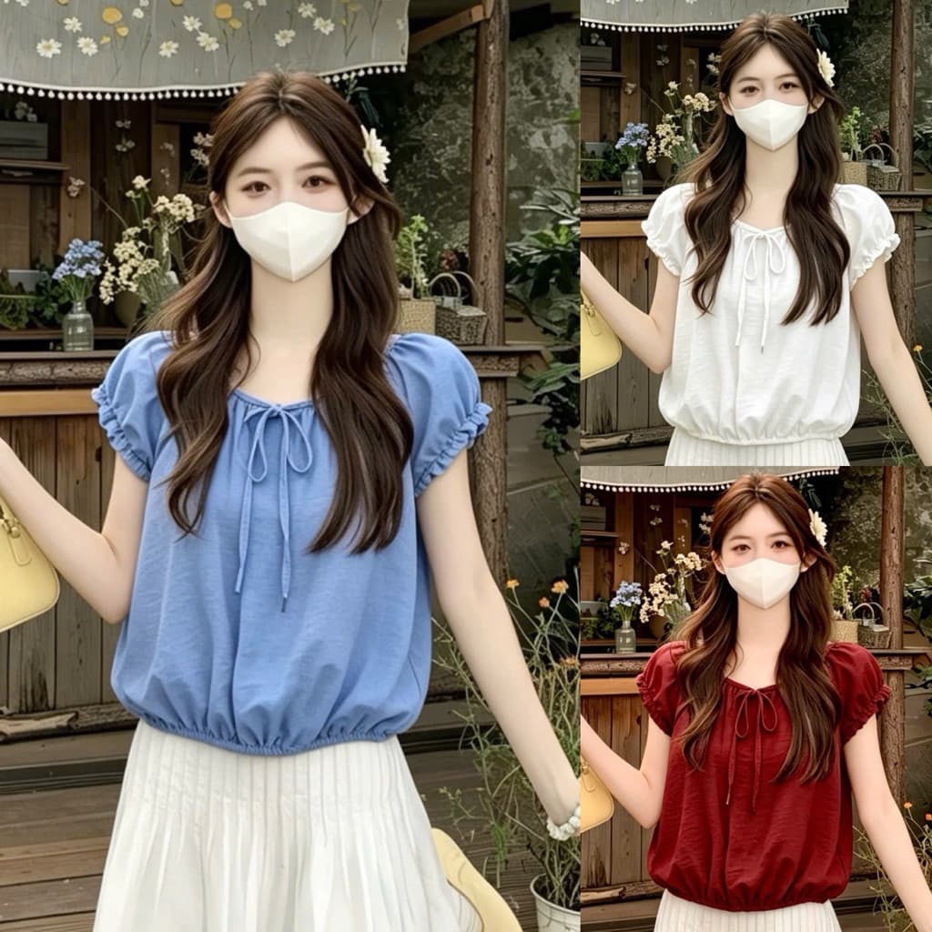 Áo kiểu babydoll cổ tròn thắt nơ tay phồng xinh B527