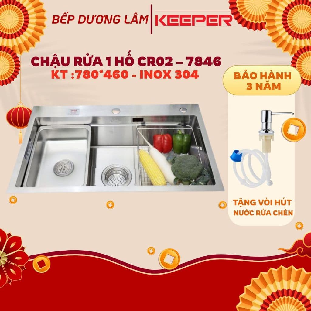 Chậu rửa bát 1 hố Keeper CR02-7846 | Chậu rửa 1 hố cao cấp Inox 304 |Tặng đầu vòi hút nước rửa chén