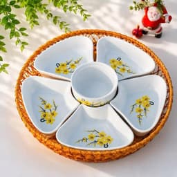 [GOCHY] Bộ Bát Đĩa Hoa Mai 5 Cánh Kèm Khay Mây 33CM Làm Mâm Cúng Bàn Thờ Thần Tài, Mâm Chè, Mâm Xôi Siêu xᶖnh, Ý Nghĩa 8