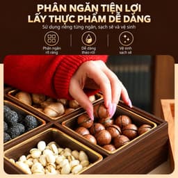 Hộp Mứt Tết 2027 Gỗ Vân Óc Chó Cao Cấp, Khay Bánh Kẹo 4 Ngăn 6 Ngăn Có Hũ Chống Ẩm, Nắp Acrylic Trong Suốt Đẹp Sang 5