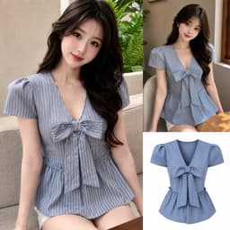Áo sơ mi dáng babydoll đính nơ to kẻ sọc TM007 1