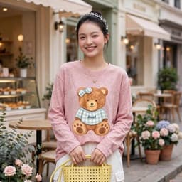 Áo thun cổ tròn tay dài form rộng chất thun giấy xước mỏng mât in gấu cài nơ  TG BEGAU 7 5