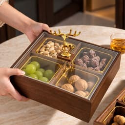 Khay mứt, khay đựng bánh kẹo tết 4 Ngăn 6 Ngăn, Hộp Mứt Tết 2027 Gỗ Melamine Vân Óc Chó, Hũ Nhựa Viền Vàng Đẹp Sang 5