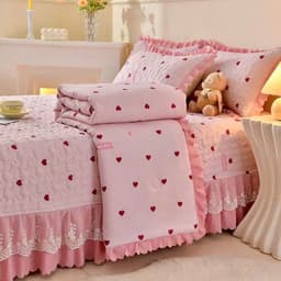 Bộ Chăn Ga Gối Cotton Đũi Ga Phủ Trần Bông Phối Ren Bèo Nhập Khẩu, Chăn Hè Trần Bông 9