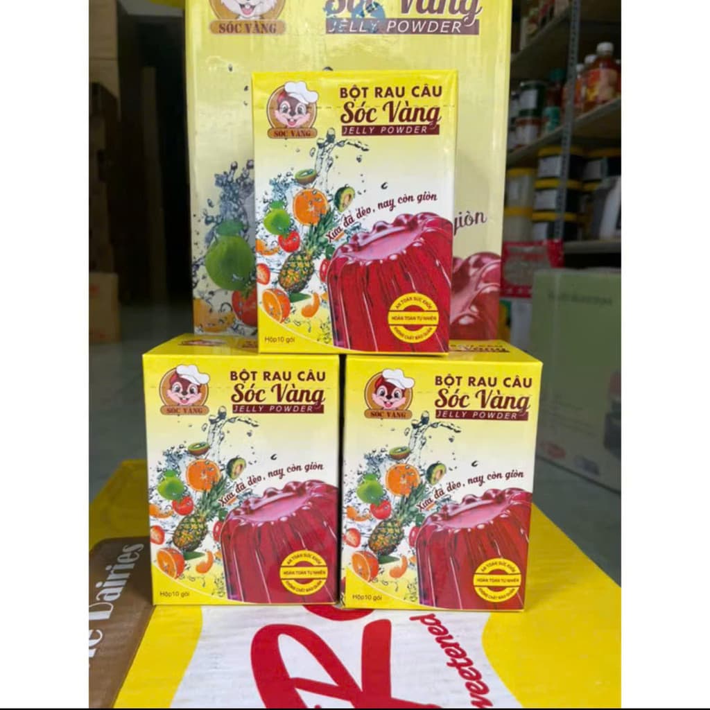 (Sỉ THÙNG / 10 HỘP 100 Gói )Bột Rau Câu Sóc Vàng Giòn Dẻo làm pudding/ rau câu