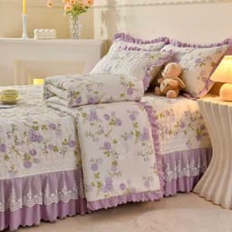 Bộ Chăn Ga Gối Cotton Đũi Ga Phủ Trần Bông Phối Ren Bèo Nhập Khẩu, Chăn Hè Trần Bông 4