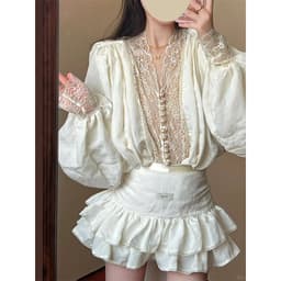 [HỎA TỐC ] Set Hai Món Phong Cách Pháp Gợi Cảm, Áo Sơ Mi Tay Bồng Phối Ren Và Chân Váy Ngắn Cạp Cao 2
