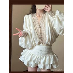 [HỎA TỐC ] Set Hai Món Phong Cách Pháp Gợi Cảm, Áo Sơ Mi Tay Bồng Phối Ren Và Chân Váy Ngắn Cạp Cao 1