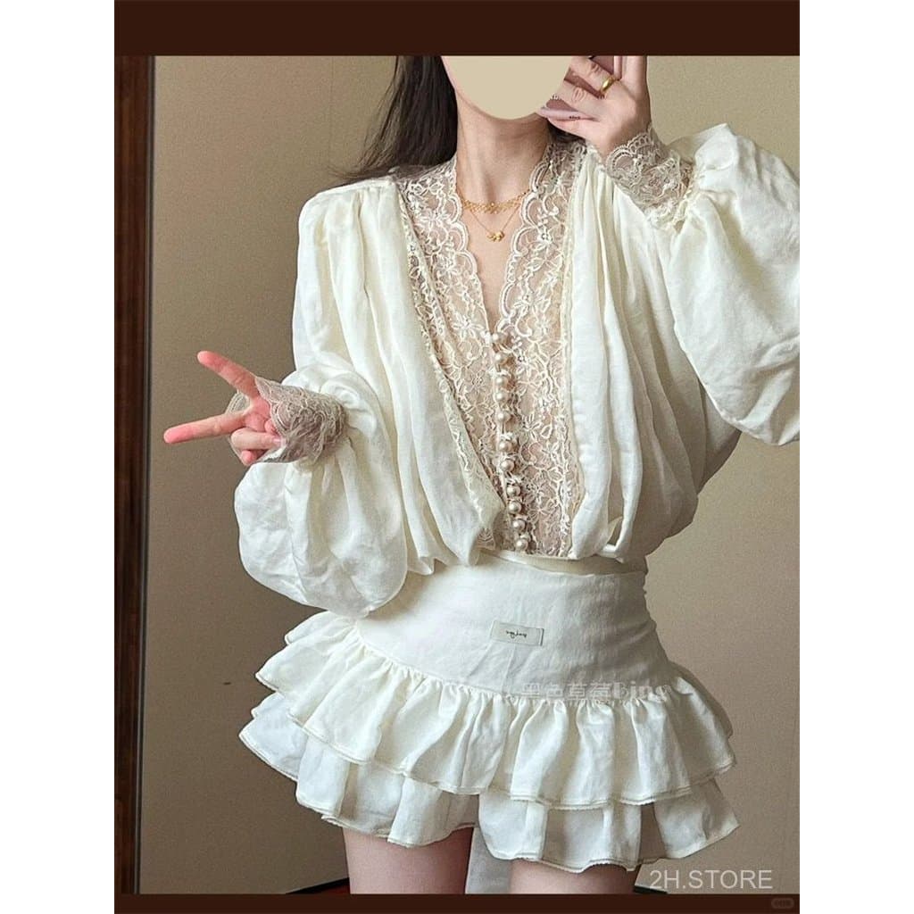 [HỎA TỐC ] Set Hai Món Phong Cách Pháp Gợi Cảm, Áo Sơ Mi Tay Bồng Phối Ren Và Chân Váy Ngắn Cạp Cao