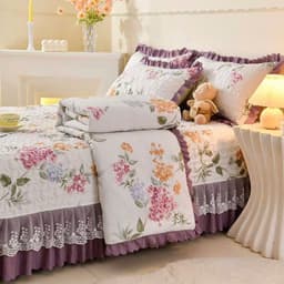 Bộ Chăn Ga Gối Cotton Đũi Ga Phủ Trần Bông Phối Ren Bèo Nhập Khẩu, Chăn Hè Trần Bông 8