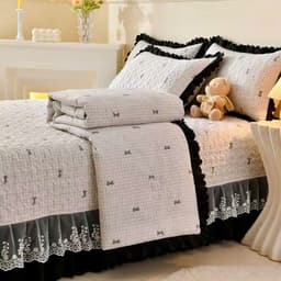 Bộ Chăn Ga Gối Cotton Đũi Ga Phủ Trần Bông Phối Ren Bèo Nhập Khẩu, Chăn Hè Trần Bông 5