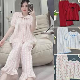 Đồ bộ pijama LIMO chất Đũi cotton Hàn bigsize đồ ngủ mặc nhà cột nơ xinh mềm mịn mát MS483 Top Women 1