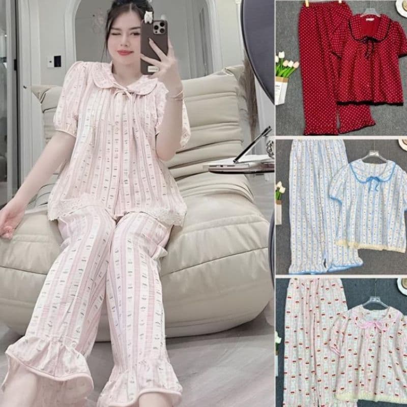Đồ bộ pijama LIMO chất Đũi cotton Hàn bigsize đồ ngủ mặc nhà cột nơ xinh mềm mịn mát MS483 Top Women