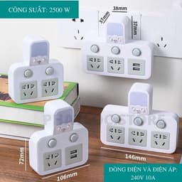 Ổ cắm điện 2500W có đèn ngủ 3 chế độ sáng, 3 ổ cắm và chức năng bật tắt riêng biệt 1