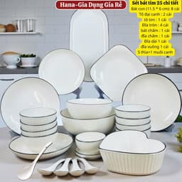 Set Tô Chén Đĩa Sứ Bát Đĩa Đựng Đồ Ăn Tráng Men Cao Cấp Họa Tiết Sọc Trắng Viền Đen 1