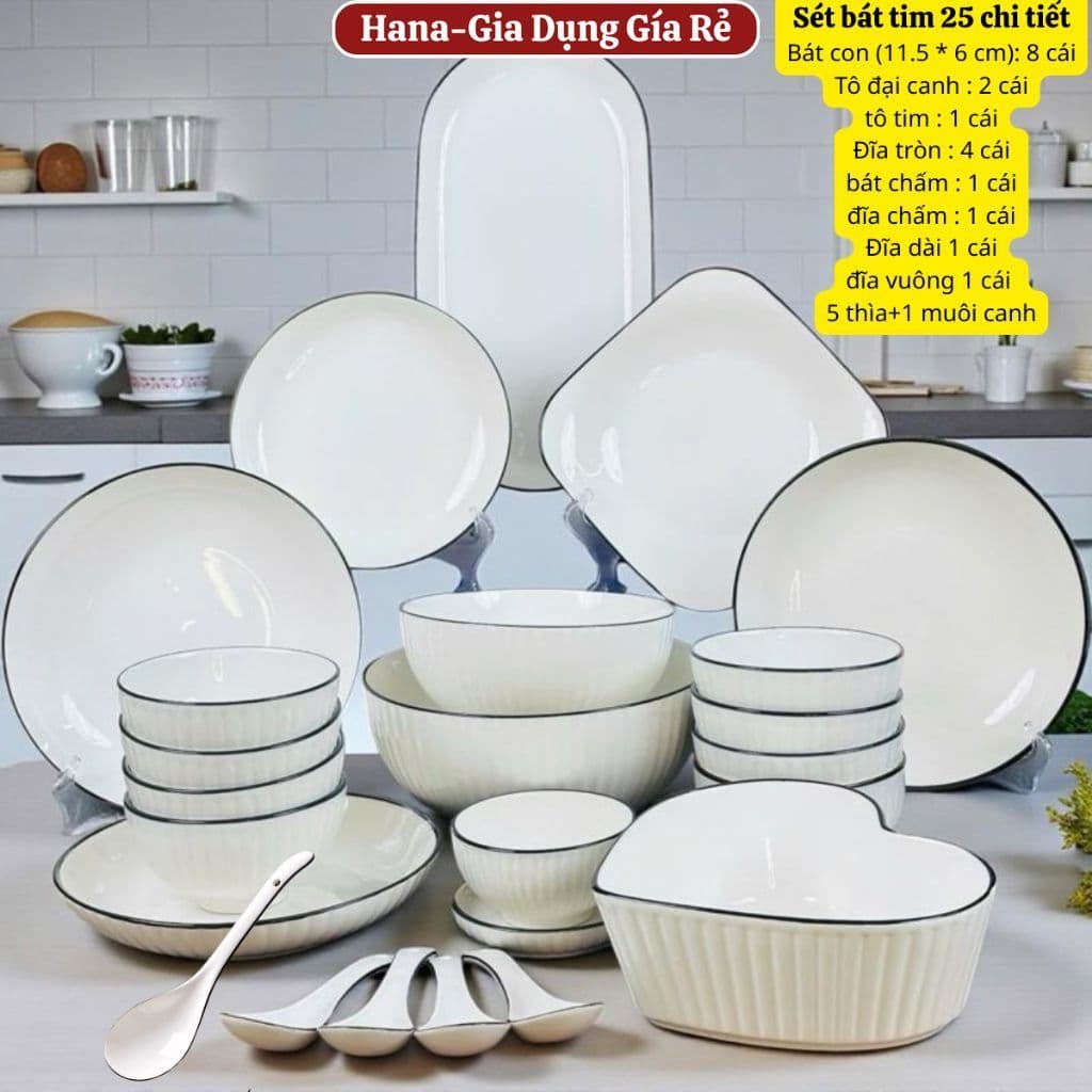 Set Tô Chén Đĩa Sứ Bát Đĩa Đựng Đồ Ăn Tráng Men Cao Cấp Họa Tiết Sọc Trắng Viền Đen