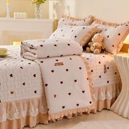 Bộ Chăn Ga Gối Cotton Đũi Ga Phủ Trần Bông Phối Ren Bèo Nhập Khẩu, Chăn Hè Trần Bông 2