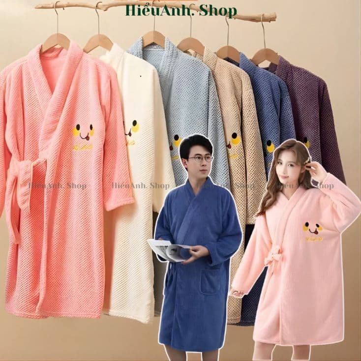 Váy Tắm Lông Cừu San Hô Tay Dài Mùa Đông. Khăn Tắm Thấm Hút Nhanh, Áo Choàng Tắm Thêu Mặt Cười - hieuanh1688
