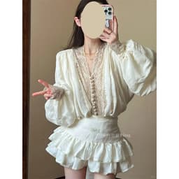 [HỎA TỐC ] Set Hai Món Phong Cách Pháp Gợi Cảm, Áo Sơ Mi Tay Bồng Phối Ren Và Chân Váy Ngắn Cạp Cao 3