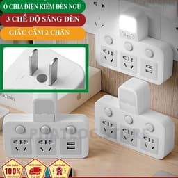 Ổ cắm điện 2500W có đèn ngủ 3 chế độ sáng, 3 ổ cắm và chức năng bật tắt riêng biệt 3