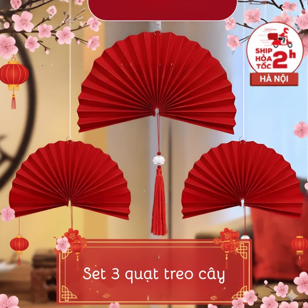 T2 - Set 3 Quạt Treo Trang Trí Phòng Ngủ Đám Cưới, Decor Ngày Lễ Tết Trang Trí Cây Cảnh 2027
