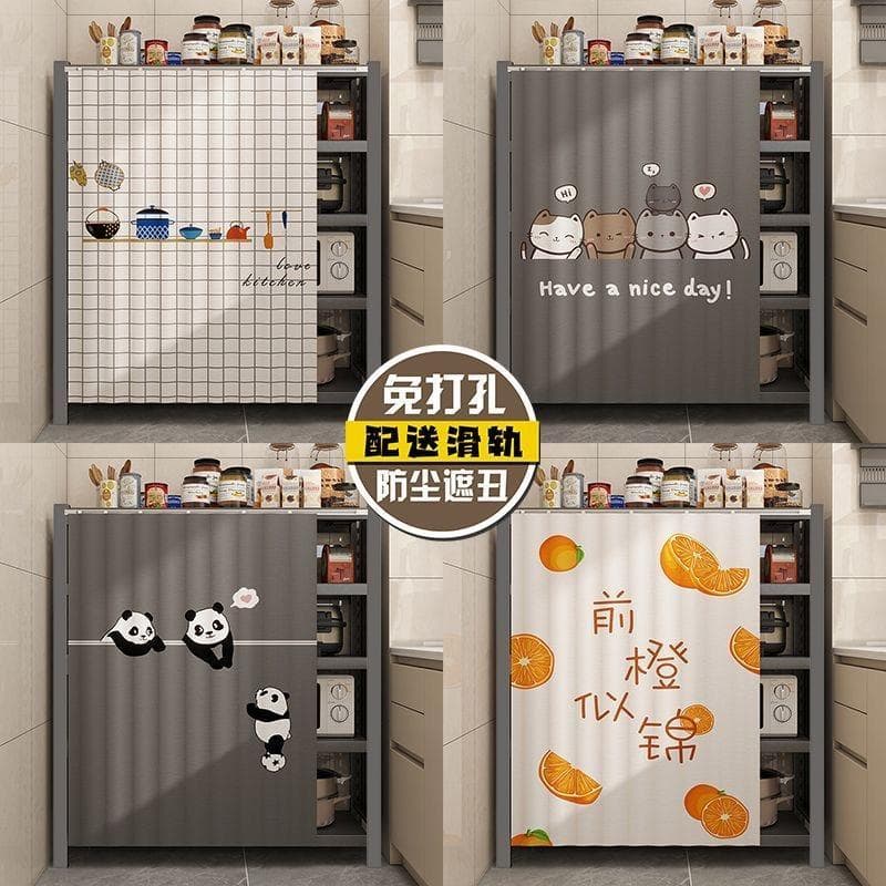 Rèm che kệ nhà bếp - Vải kéo đường ray trượt cho tủ, Không có tấm chắn bụi & tấm che khuyết điểm