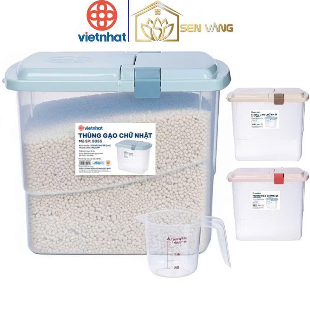 Thùng đựng gạo 15kg nắp kín - Hộp chứa hạt đỗ kèm cốc đong kẻ vạch nhựa Việt Nhật. Hộp chứa gạo có nắp 5355 AMIZIN