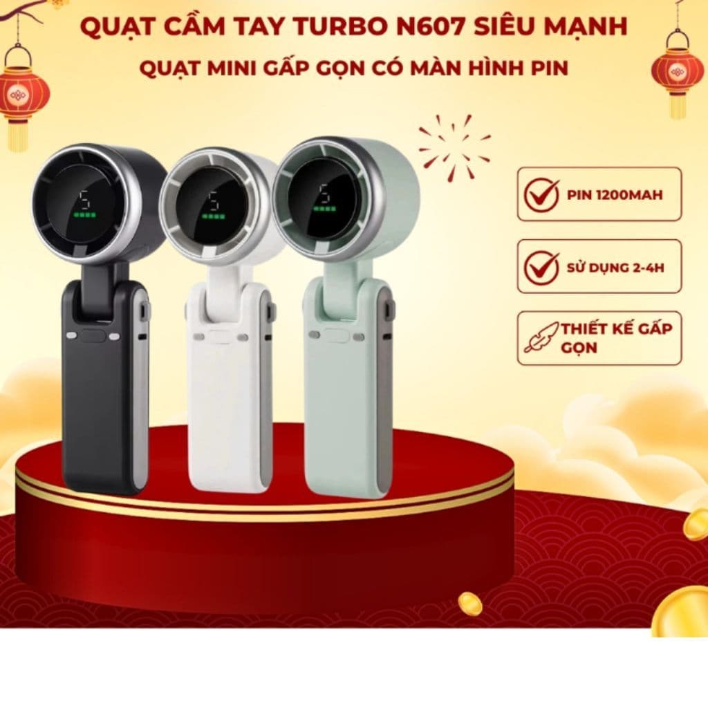 Quạt cầm tay tubor n607 pin 1200mah sử dụng 2-4h quạt 100 cấp gió, gấp gọn tiện lợi