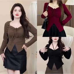 Áo Thun Tay Dài Nữ Big Size Cổ V Rút Dây ESHOP Áo Nữ Chất Thun Tăm Mềm Mịn Co Giãn MS304 TD 2